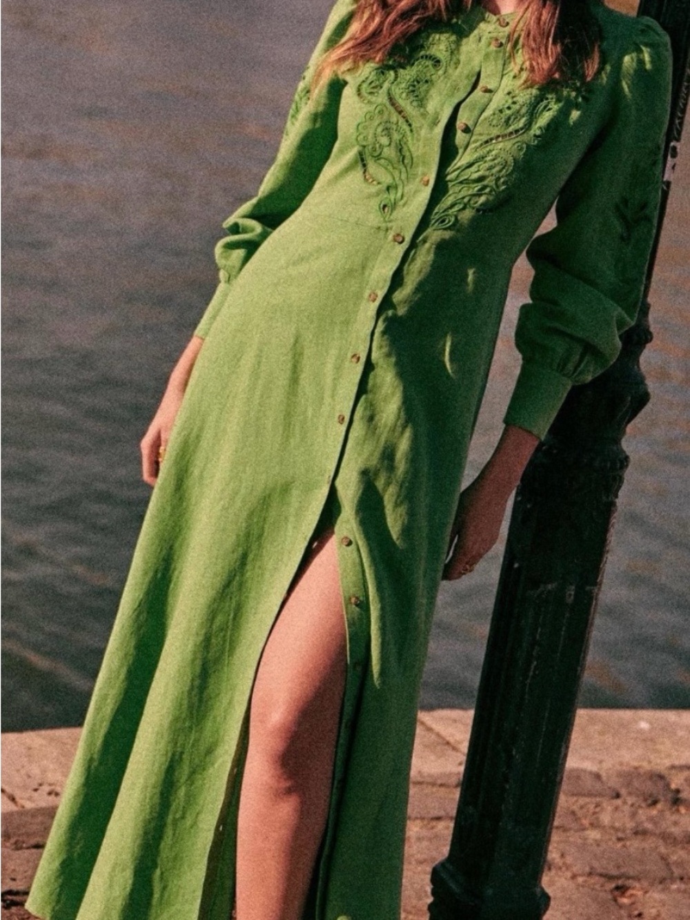 Sezane Green Embroidered Button-Front Maxi Dress Women 34 US 2 linen